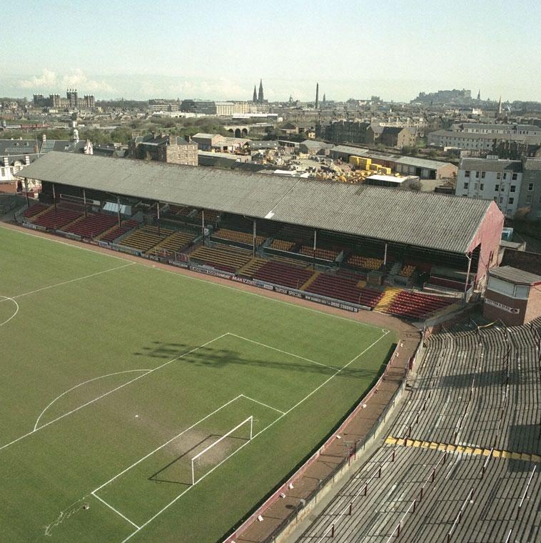 Elevated view of Main East Stand from south-west, Heart of Midlothian Football Club, Tynecastle Park Stadium, Gorgie Road, Edinburgh