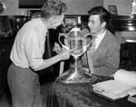 Erich Korbler admires Scottish Cup at Tynecastle