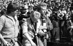 Friends help an injured fan after crowd trouble during the Hibs v Hearts Edinburgh derby football match at Easter Road in August 1984. Final score 1-2 to Hearts