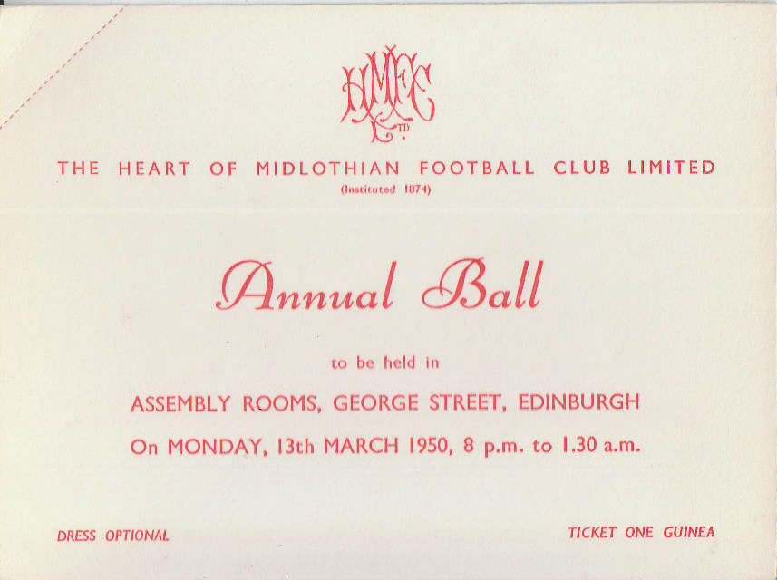HMFC Annual Ball Ticket Assembly Rooms 13/03/1950