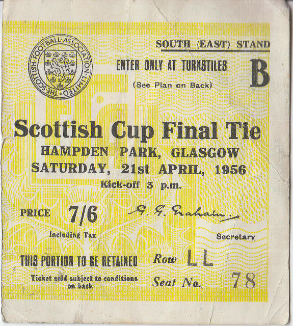 Match Ticket from 1956 Scottish Cup Final priced 7/6
