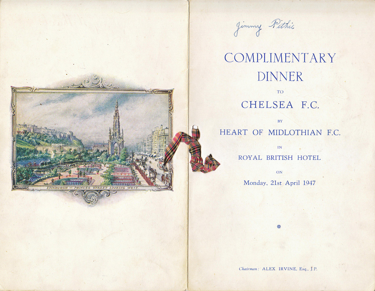 Signed Dinner Menu from Royal British Hotel to commemorate Hearts v Chelsea 21 Apr 1947