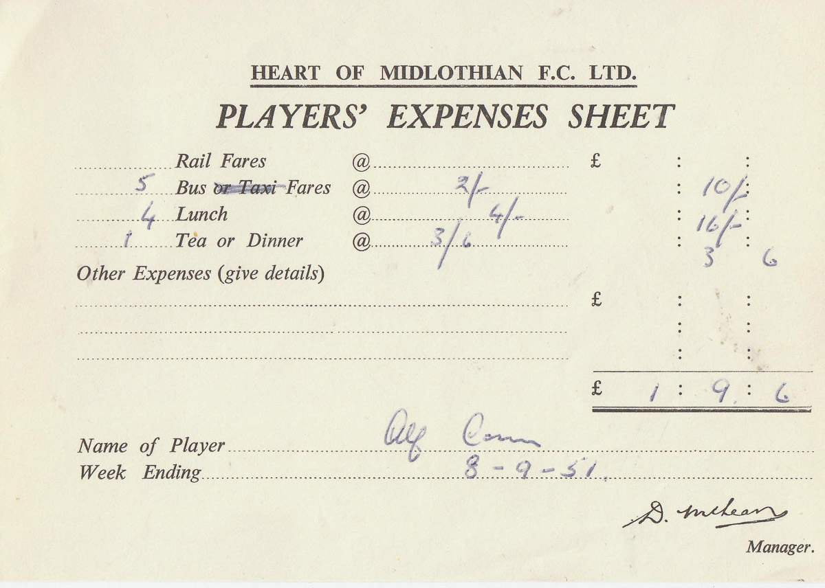 Player Expenses Form for Alfie Conn Snr : 08-Sep-1951