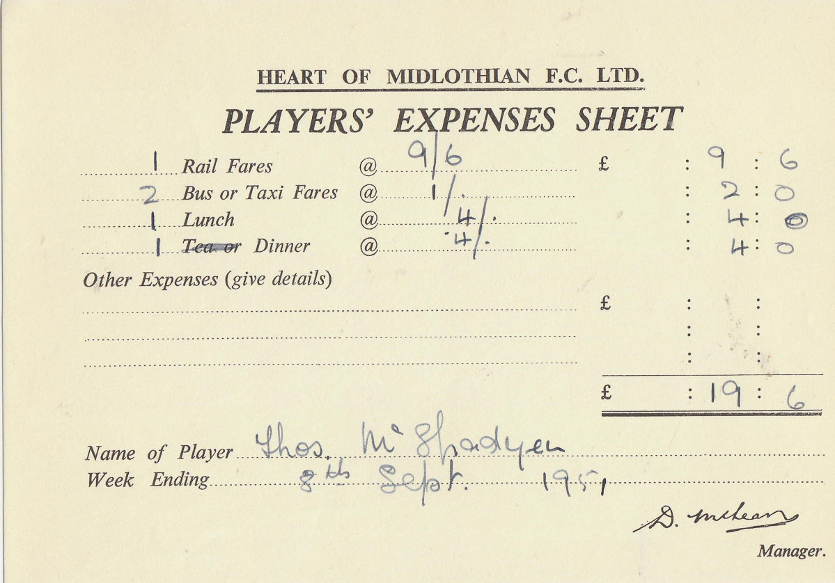 Player Expenses Form for Tom McSpadyen : 08-Sep-1951