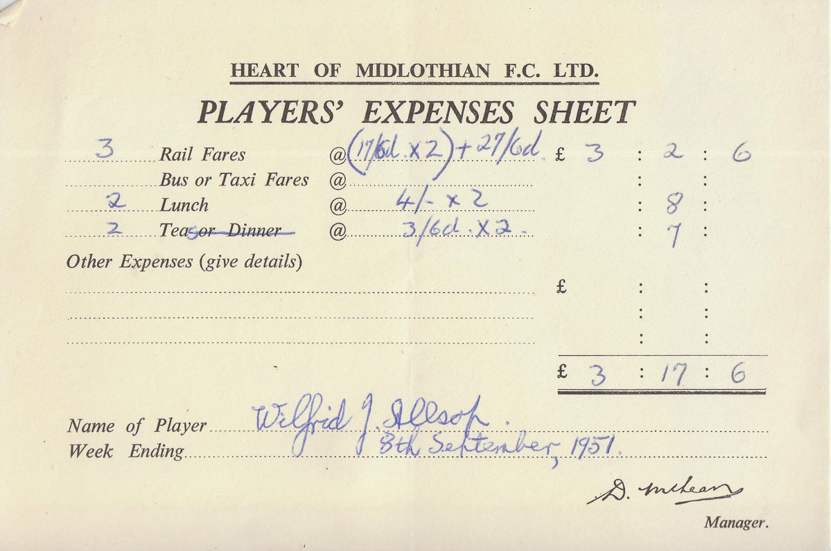 Player Expenses Form for Wilfred Allsop : 08-Sep-1951