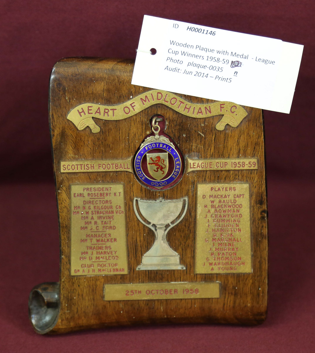 Wooden Plaque with Medal - League Cup Winners 1958-59