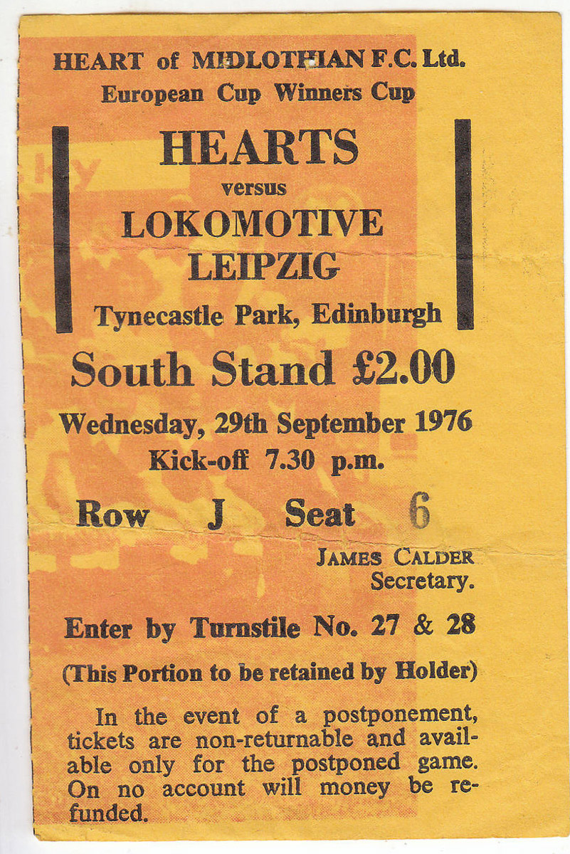 Match Ticket from Wed 29 Sep 1976 Hearts 5 Locomotiv Leipzig 1 (European Cup Winners Cup)