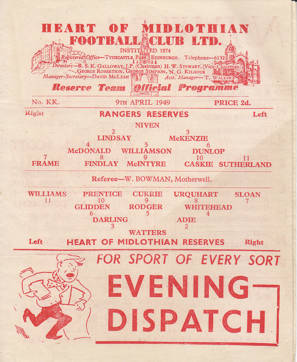 Hearts Res 0 Rangers Res 0 Programme 9th Apr 1949