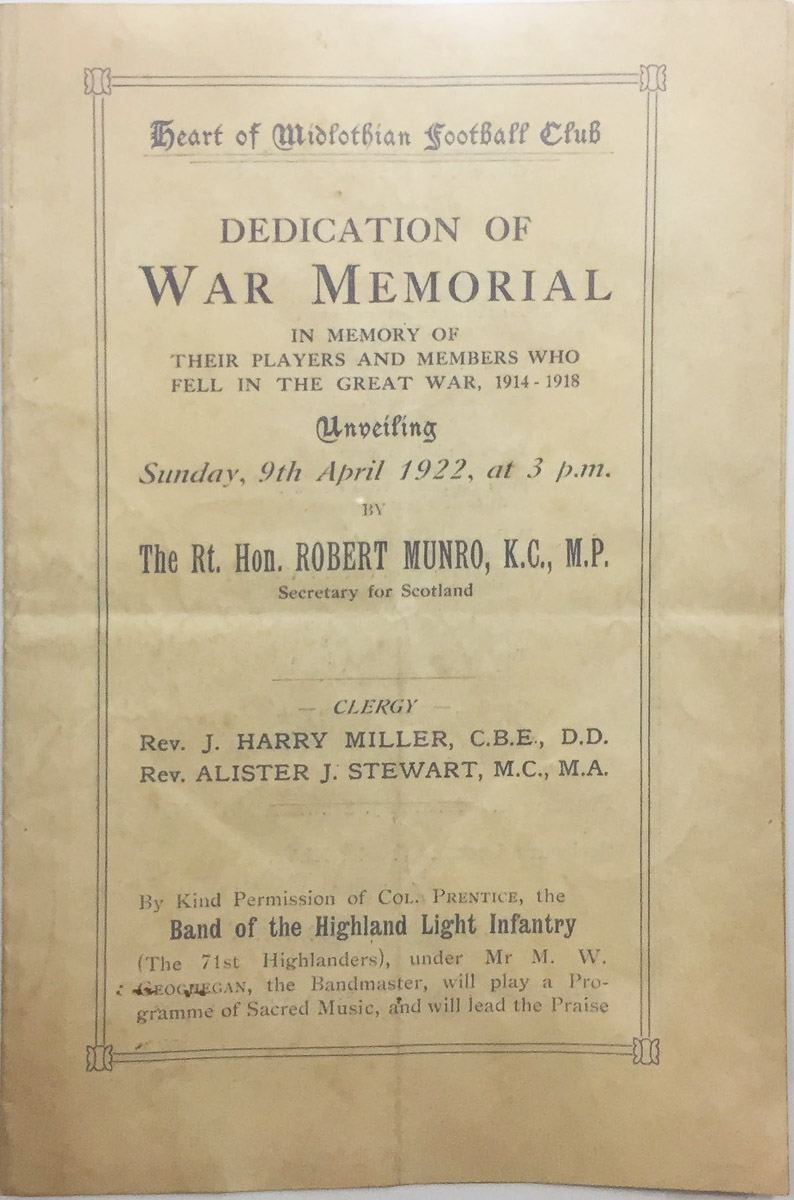 Dedication of War Memorial Programme