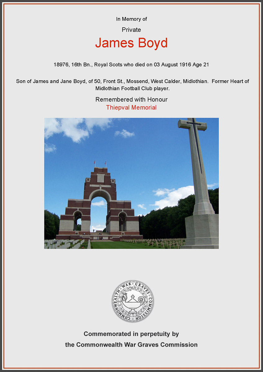 CWGC Certificate in Memory of Private James Boyd