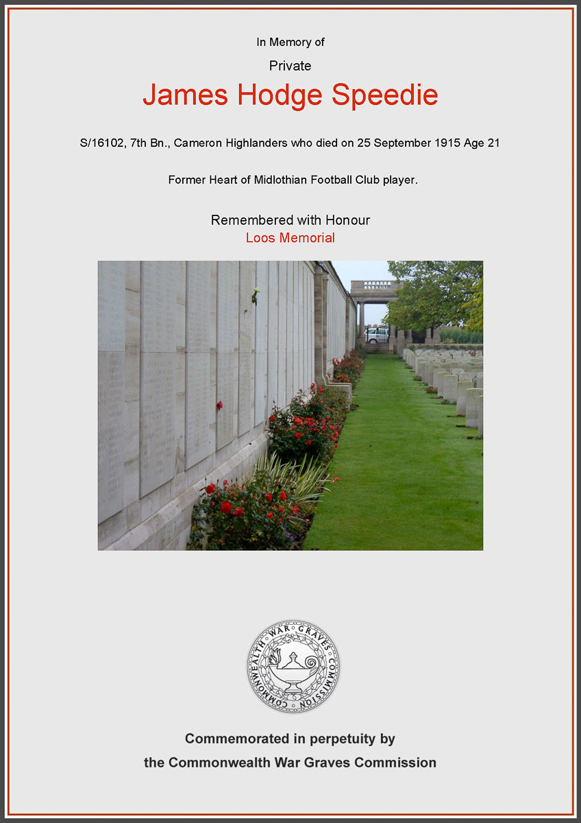 CWGC Certificate in Memory of Private James Hodge Speedie