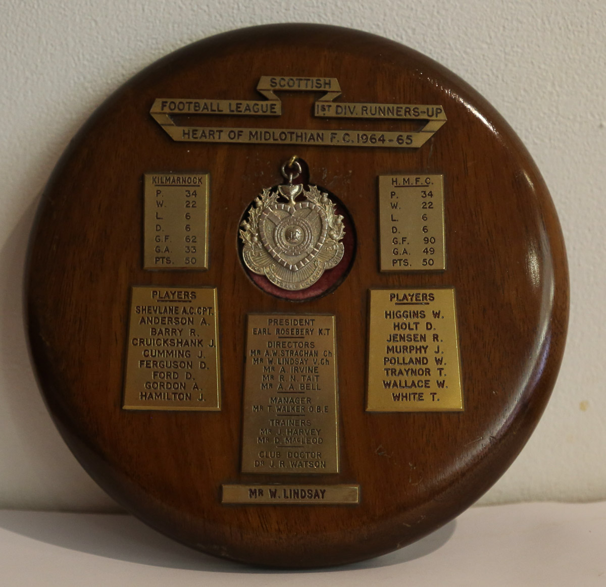 Decorated Plaque with Gold Medal - Runners Up 1964-65