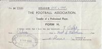 Tommy Walker Transfer form from Chelsea to Hearts 3rd Jan 1949 