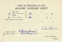 Player Expenses Form for William Nimmo : 25-Aug-1951 