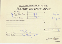 Player Expenses Form for Bobby Parker : 25-Aug-1951 