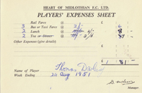 Player Expenses Form for Tommy Darling : 25-Aug-1951 