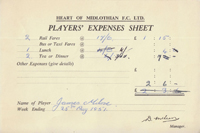 Player Expenses Form for Jimmy Milne : 25-Aug-1951 