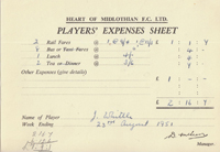 Player Expenses Form for Jimmy Whittle : 25-Aug-1951 