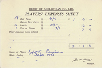 Player Expenses Form for Bobby Buchan : 01-Sep-1951 