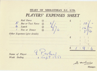 Player Expenses Form for Bobby Parker : 01-Sep-1951 