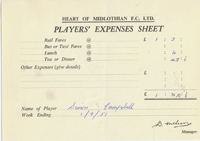Player Expenses Form for Simon Campbell : 01-Sep-1951 