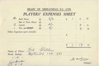 Player Expenses Form for Freddie Glidden : 01-Sep-1951 
