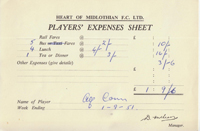 Player Expenses Form for Alfie Conn Snr : 01-Sep-1951 