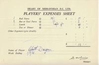 Player Expenses Form for Bobby Dougan : 01-Sep-1951 