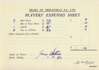 Player Expenses Form for Jimmy Watters : 01-Sep-1951 