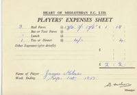 Player Expenses Form for Jimmy Milne : 01-Sep-1951 