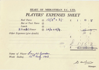 Player Expenses Form for Ian Gordon : 18-Aug-1951 