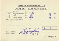 Player Expenses Form for Tommy Darling : 01-Sep-1951 