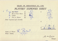 Player Expenses Form for Bobby Parker : 08-Sep-1951 