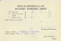 Player Expenses Form for William Dawson : 11-Sep-1951 