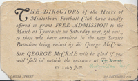 Invitation to Tynecastle on 5th Dec 1914 for those enrolled in McCrae's Battalion 