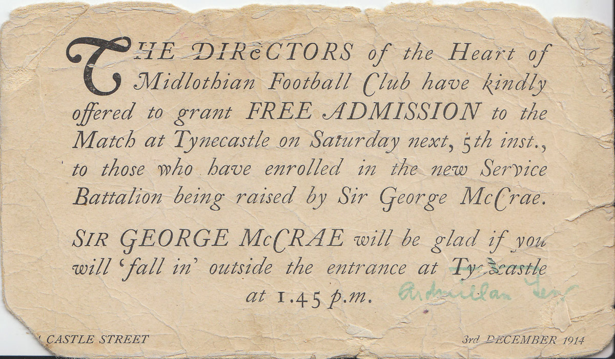 Invitation to Tynecastle on 5th Dec 1914 for those enrolled in McCrae's Battalion