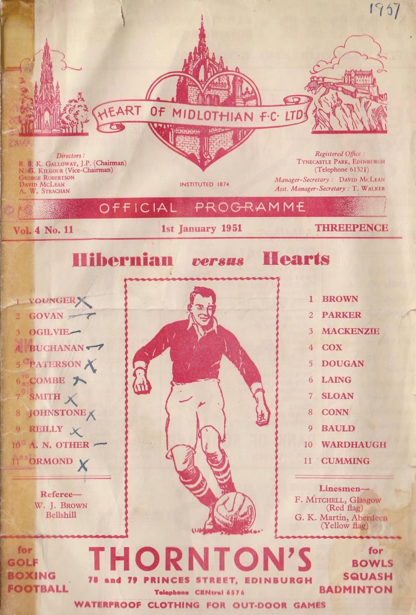 Mon 01 Jan 1951 Hearts 2 Hibernian 1 