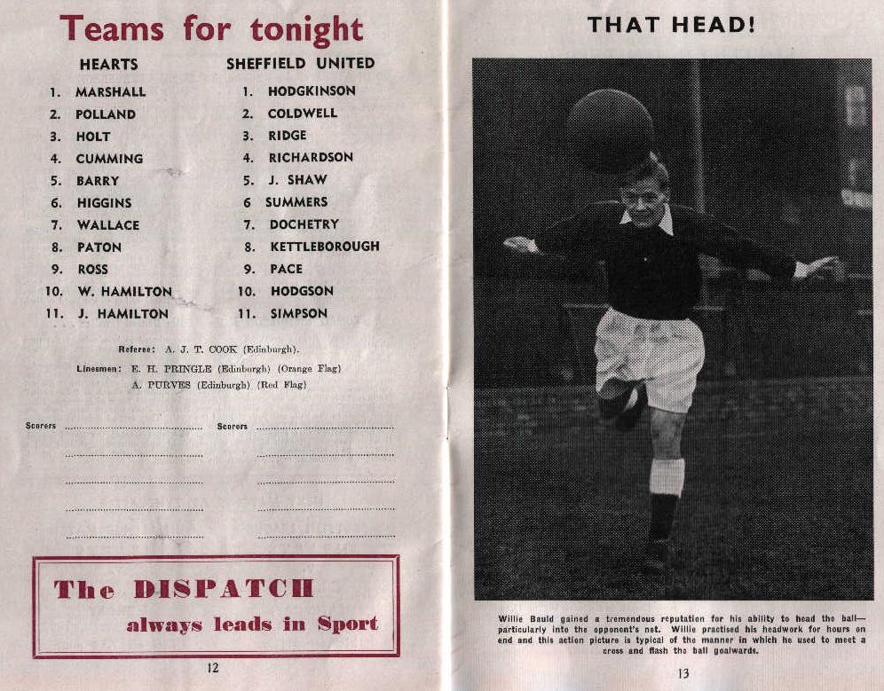 Mon 05 Nov 1962  Hearts 2  Sheffield United 2 