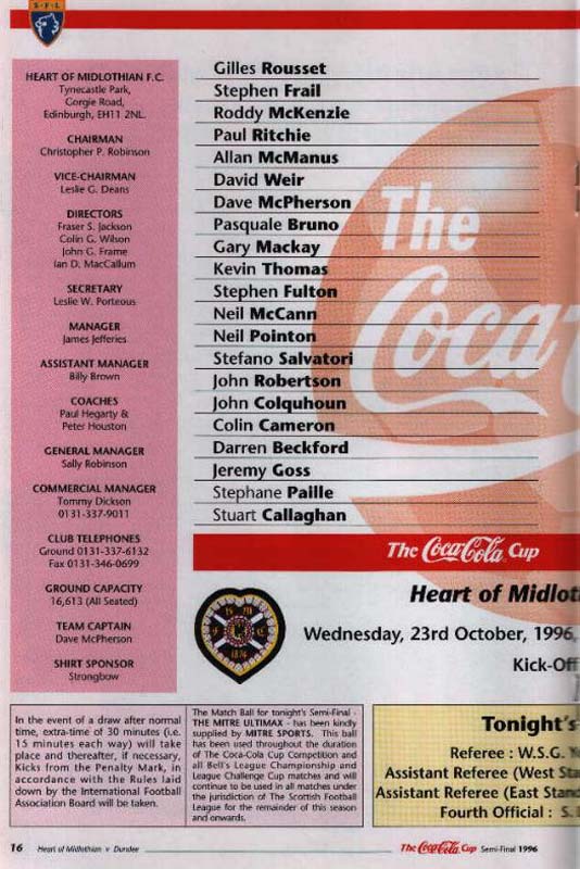 Wed 23 Oct 1996  Hearts 3  Dundee 1 