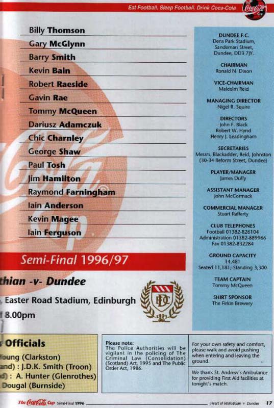 Wed 23 Oct 1996  Hearts 3  Dundee 1 