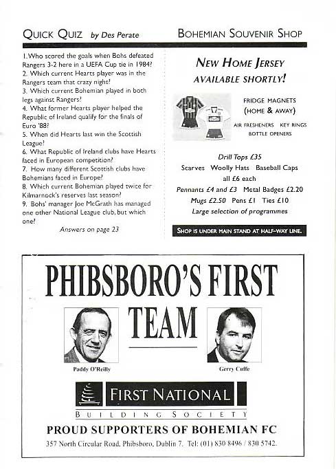 Sun 12 Jul 1998  Bohemians Dublin 0  Hearts 1 