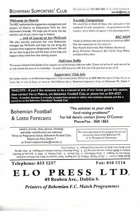 Sun 12 Jul 1998  Bohemians Dublin 0  Hearts 1 