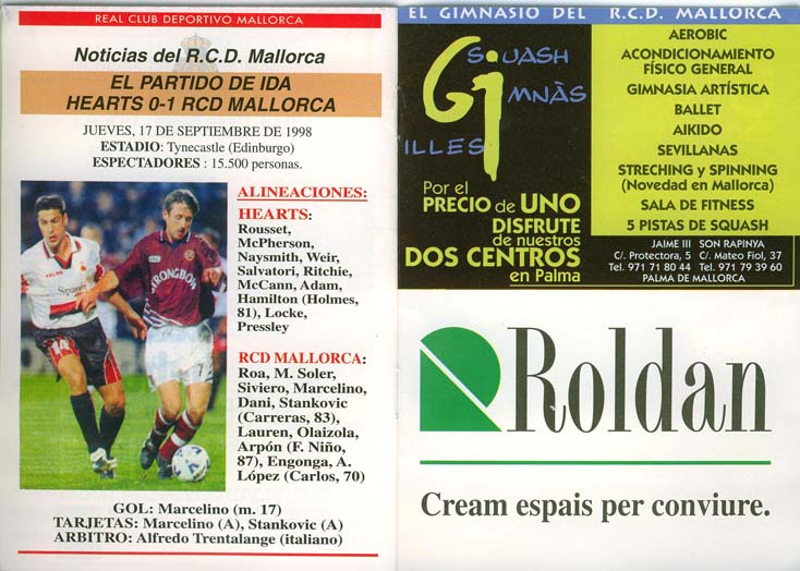 Thu 01 Oct 1998  Real Mallorca 1  Hearts 1 