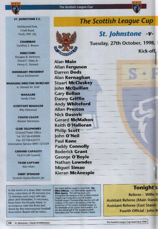 Tue 27 Oct 1998  Hearts 0  St Johnstone 3 