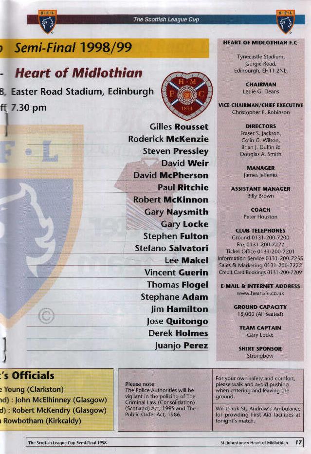 Tue 27 Oct 1998  Hearts 0  St Johnstone 3 