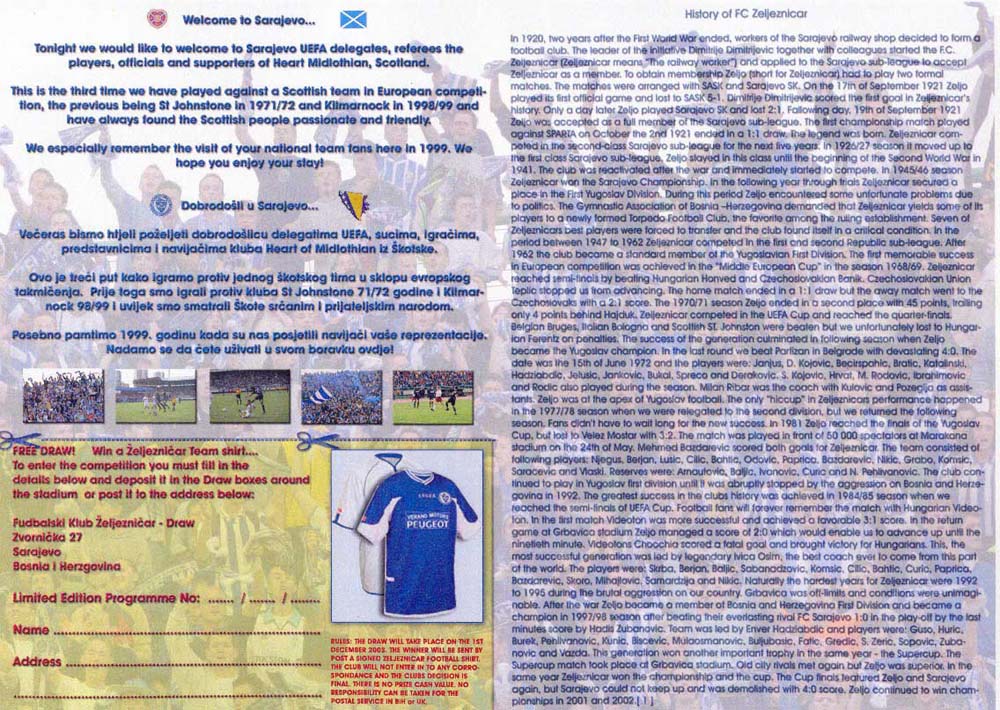 Wed 15 Oct 2003  Zeljeznicar Sarajevo 0  Hearts 0 