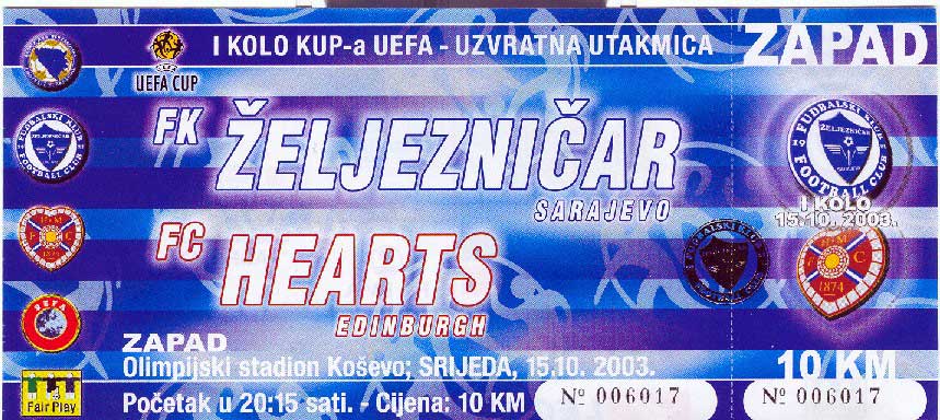 Wed 15 Oct 2003  Zeljeznicar Sarajevo 0  Hearts 0 